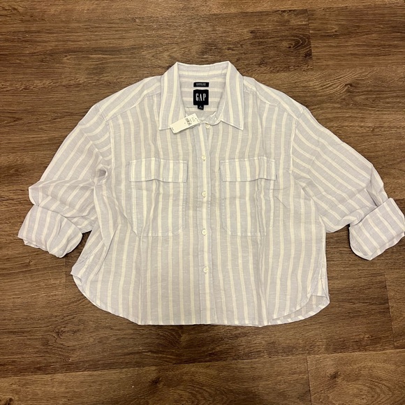 NWT Gap 100% Linen Cropped Shirt in Light Blue and White Stripe - Size Small - Picture 8 of 11